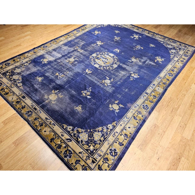 Late 19th Century 19th Century Chinese Peking Rug, Handwoven Wool, Indigo & Yellow, 10' x 14' For Sale - Image 5 of 15