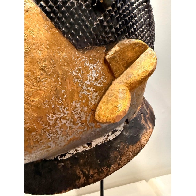 Yellow Mid 20th Century Large Wood Sculpture Yoruba Gẹ̀lẹ̀dẹ́ Helmet Mask on Display Stand For Sale - Image 8 of 16