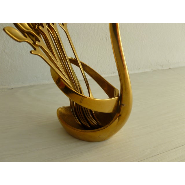 Vintage 1970's Brass Plated Metal Swan Vessel Bowl With !0 Serving Spoons For Sale In Miami - Image 6 of 17