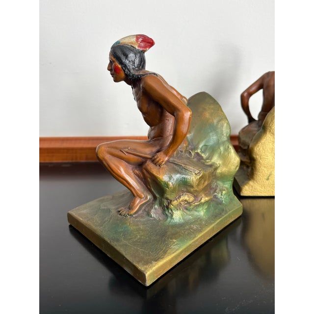 Brown Early 20th Century Hand-Painted Native American Figural Bookends For Sale - Image 8 of 9