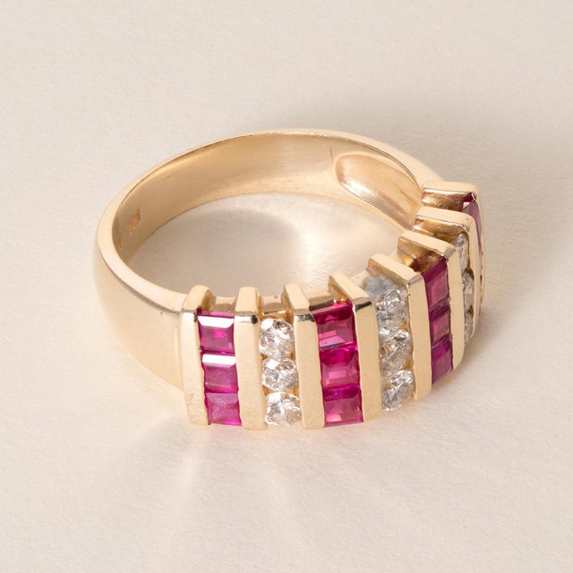 Vintage 14k Gold Ruby and Diamond Channel Set Wide Band Ring, Size 7.25 For Sale - Image 4 of 6