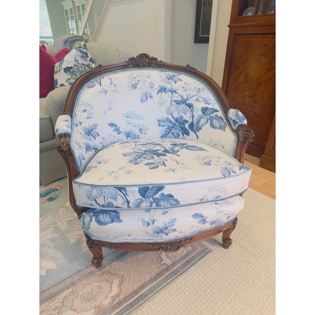 Antique French Bergere Chair - Designer Upholstery (Lee Jofa Glazed Chintz & Italian Velvet) For Sale - Image 9 of 9