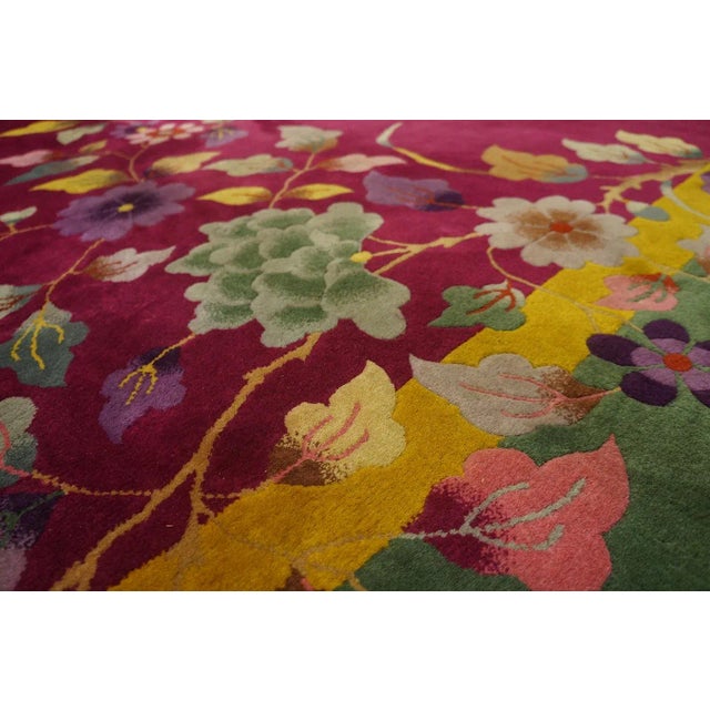1920s Red Burgundy Floral Antique Chinese Art Deco Carpet 9' X 11'7" Knotted Wool Rug For Sale - Image 9 of 12