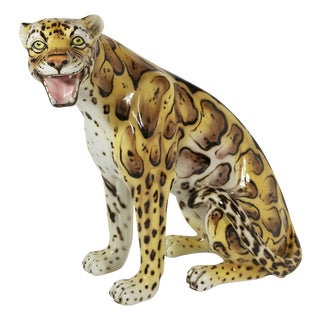 Large Vintage Italian Glazed Ceramic Serval Sculpture, 1980s For Sale
