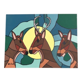 Contemporary Original Outsider Artist B.D.Floyd Folk Art Deer Painting “Deer in the Moonlight 2” For Sale