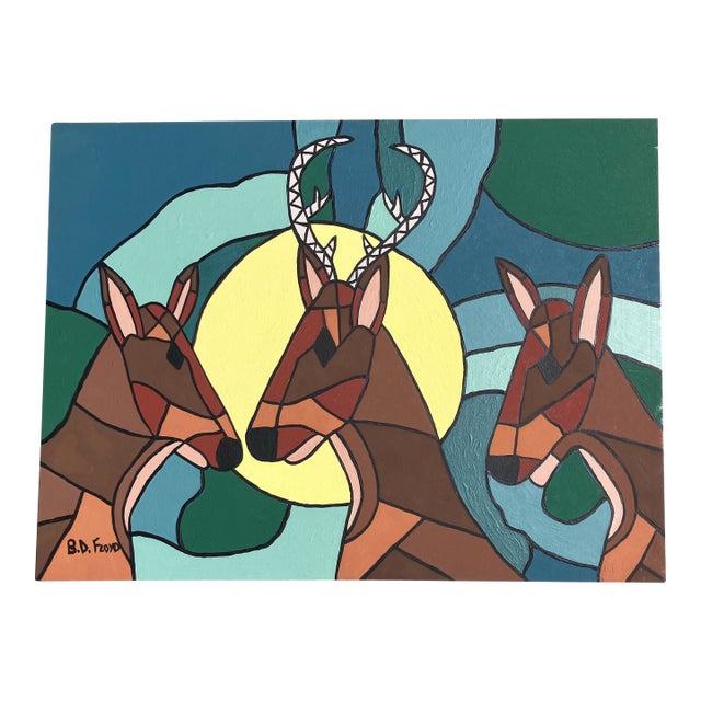 Contemporary Original Outsider Artist B.D.Floyd Folk Art Deer Painting “Deer in the Moonlight 2” For Sale