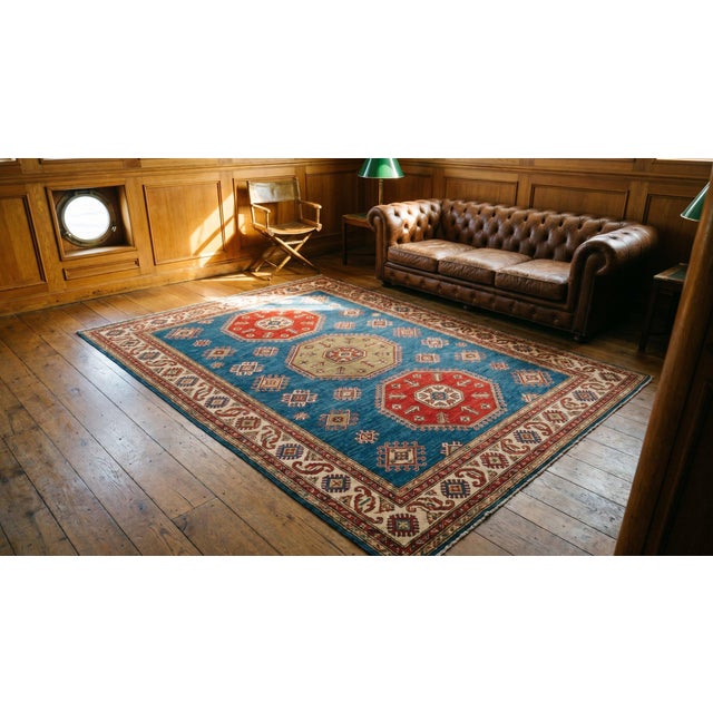 1900s Sky Blue Medallion Tribal Hand Knotted Antique Caucasian Moghan Rug 4'2" X 4'4" Wool Carpet For Sale - Image 10 of 12