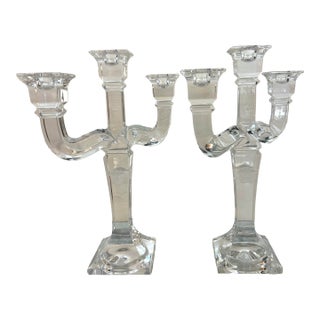 Rosenthal Austria Versace Crystal 3 - Arm Candlesticks With Frosted Medusa on the Center Arm Signed, Inscribed Set of 2 For Sale