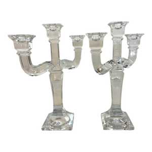 Rosenthal Austria Versace Crystal 3 - Arm Candlesticks With Frosted Medusa on the Center Arm Signed, Inscribed Set of 2