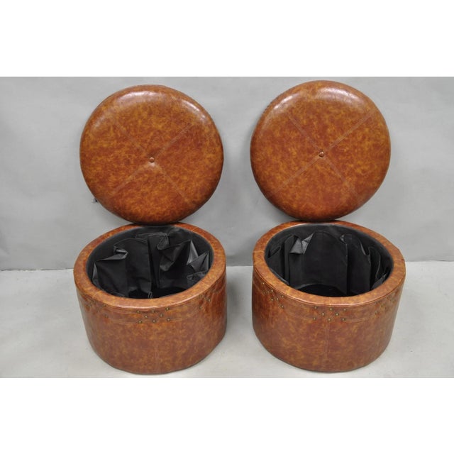 Brown Contemporary Modern Moroccan Style Brown Faux Leather Round Storage Ottoman Pair For Sale - Image 8 of 15