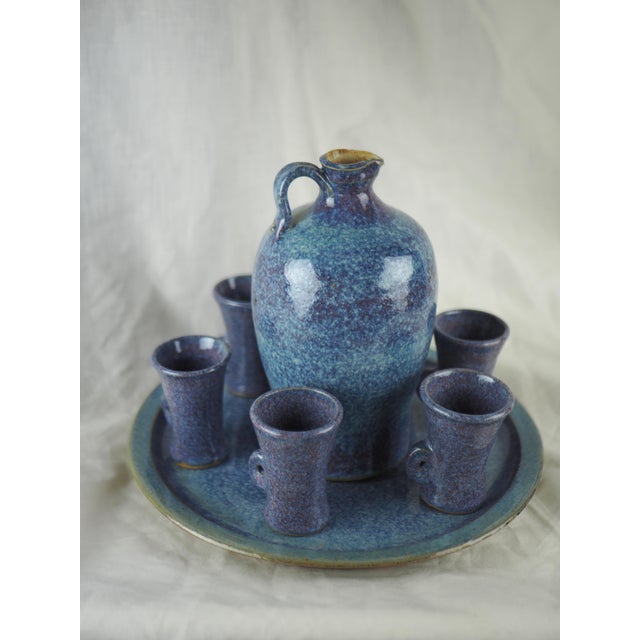 1980s Late 20th French Cottage Blue Ceramic Liquor Set - One Decanter, Six Goblets, One Plate- 8 Pieces For Sale - Image 5 of 12