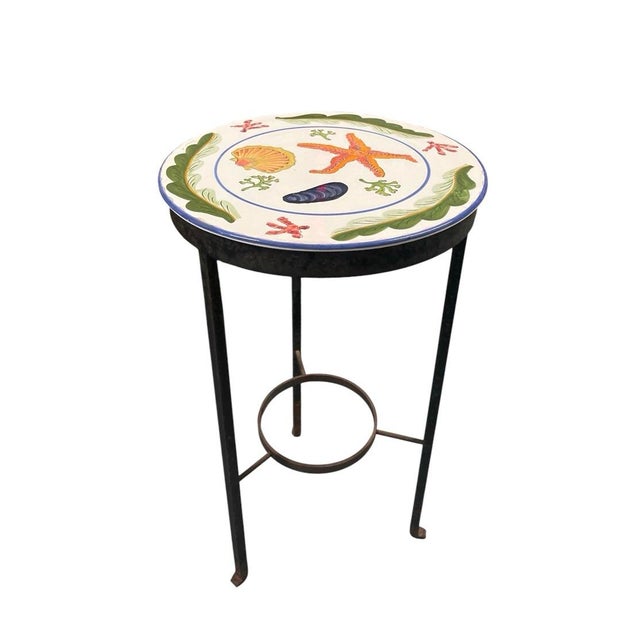 Mediterranean Style Hand-Painted Ceramic and Wrought Iron Coastal Martini Table For Sale In West Palm - Image 6 of 12