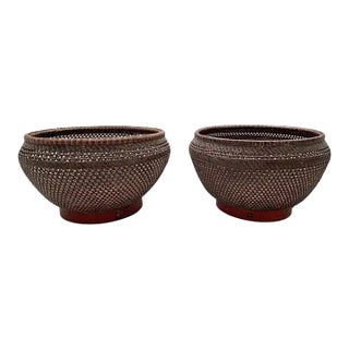 Chinese Basket Pair Hand-Woven Rattan With Red Wood Base, Early 20th Century For Sale