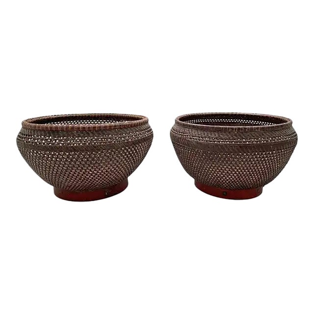 Chinese Basket Pair Hand-Woven Rattan With Red Wood Base, Early 20th Century For Sale