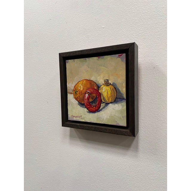 Abstract Analagous Orange, Lime Juice, & Madrid Can Wring by Delton Demarest | Oil on board Still life of an orange, lime, and a decorative can. For Sale - Image 3 of 4