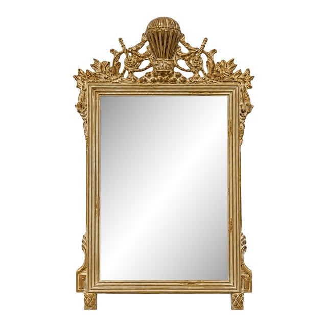 Italian Carved Giltwood & Whitewashed French Empire Style Balloon Wall Mirror For Sale