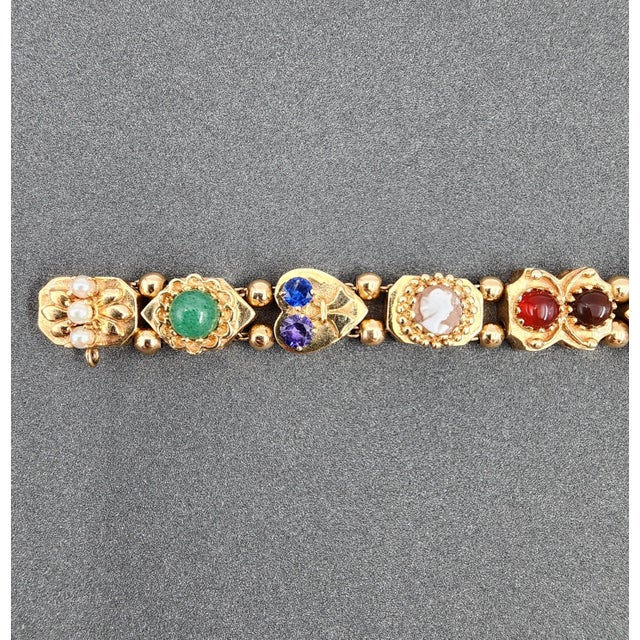 1950s 14k Yellow Gold Slide Charm Omega Gemstone Bracelet Watch For Sale - Image 12 of 16