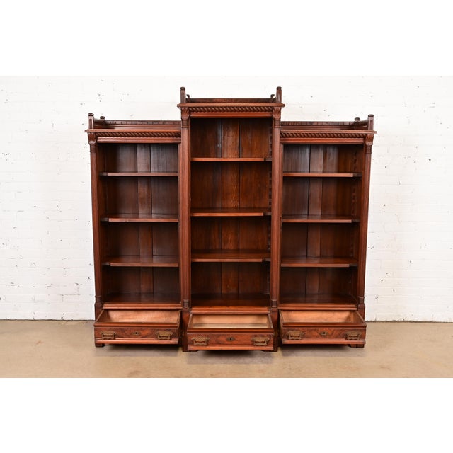 Late 19th Century Herter Brothers Style Antique Eastlake Victorian Carved Walnut and Burl Wood Triple Bookcase, Circa 1880s For Sale - Image 5 of 11