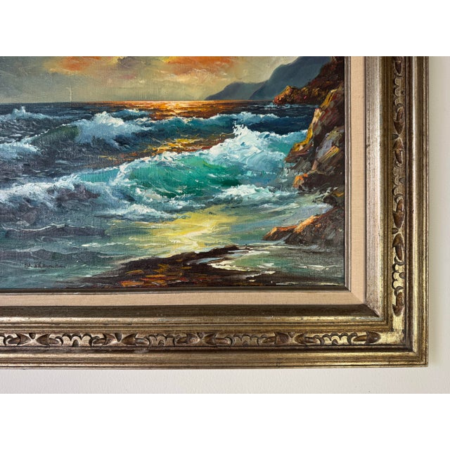 Blue 1970’s Vintage S. Sherman Impressionist Sunset Ocean Landscape Oil on Canvas Painting For Sale - Image 8 of 10