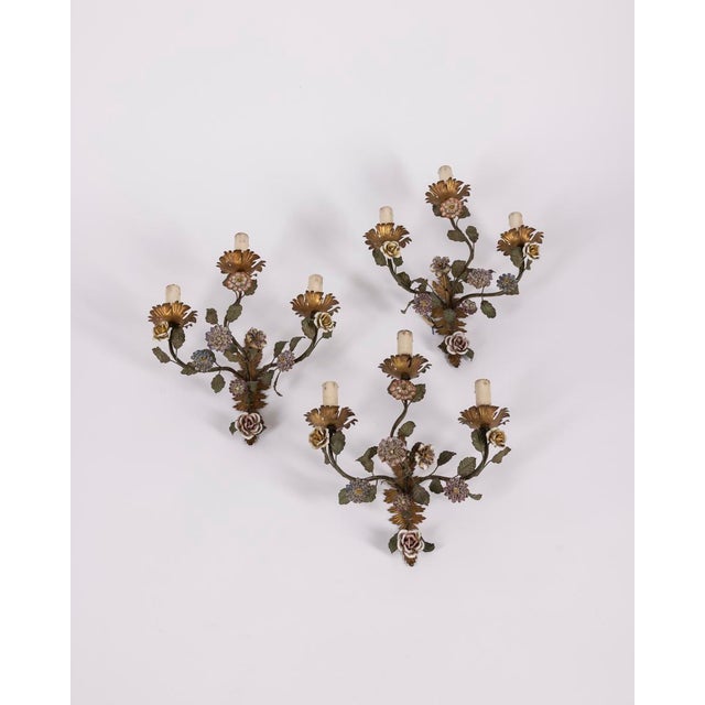 Vintage Italian Floral Wall Lamps in Iron and Porcelain, 1950s, Set of 3 For Sale - Image 16 of 16