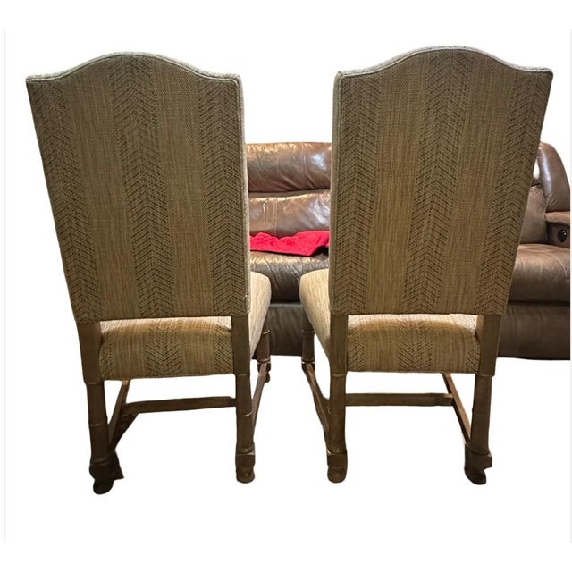 Early 20th Century Pair of Ethan Allen Upholstered Dining Chairs in Neutral Woven Fabric For Sale - Image 6 of 8