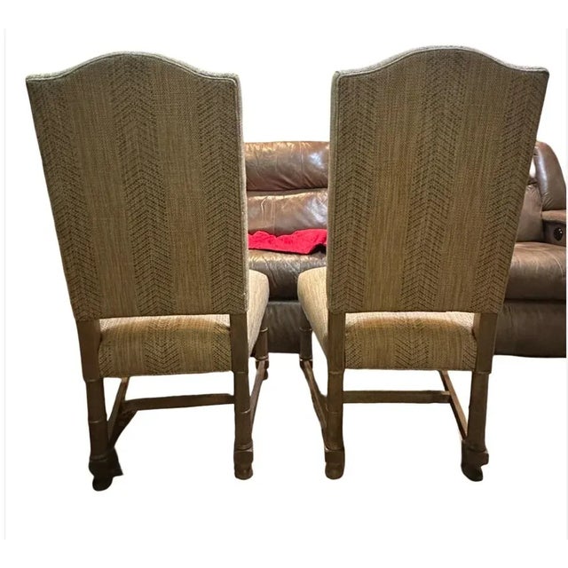 Early 20th Century Pair of Ethan Allen Upholstered Dining Chairs in Neutral Woven Fabric (Nice) For Sale - Image 6 of 8