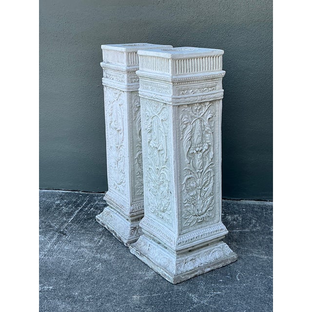 White Vintage Cast Concrete Relief Pedestals - A Pair For Sale - Image 8 of 12