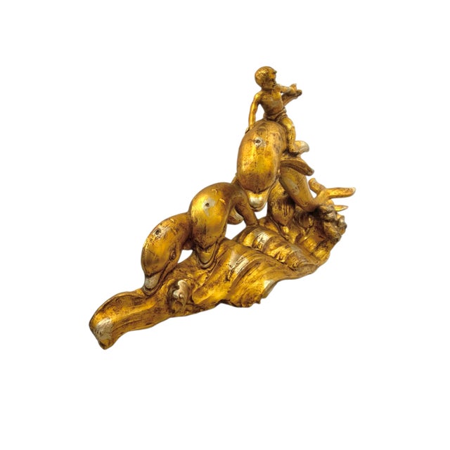 Mid-Century Modern Mid-Century Modern Cherub Riding Dolphin Sculpture, Paul Manship Style, Gold, 46"w For Sale - Image 3 of 8