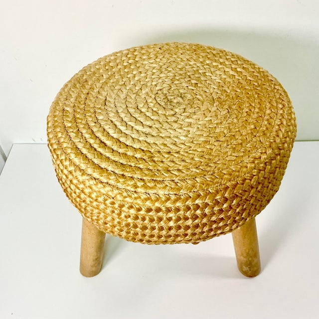 Wood Mid-Century Boho Chic Coastal Hollywood Regency Woven Jute 3-Leg Low Stool. For Sale - Image 7 of 11