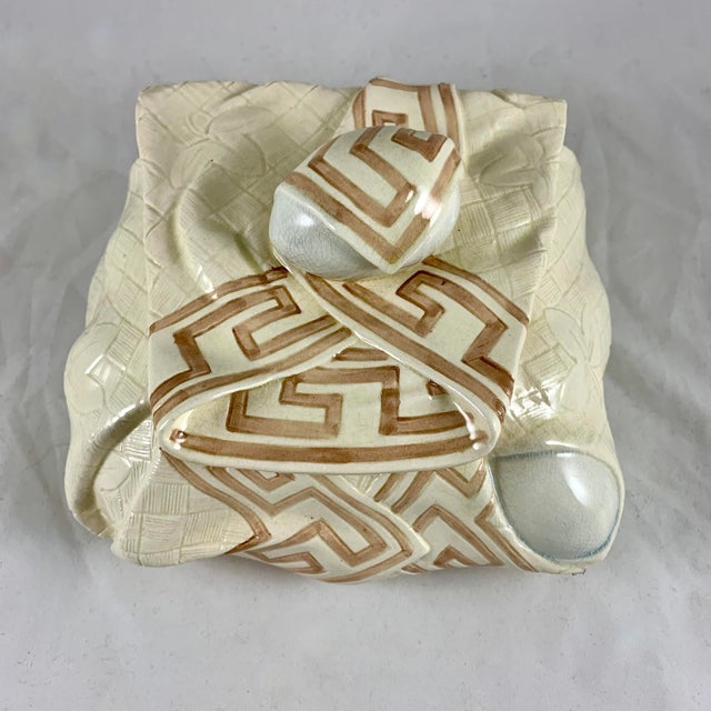 French Sarreguemines Majolica Trompe L’Oeil Greek Key Napkin Egg Box Pâté Terrine For Sale - Image 3 of 13