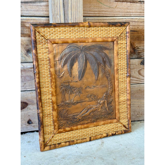 Vintage Hawaiian Tiki Copper Relief in Tortoise Bamboo Frame With Woven Rattan Mat For Sale - Image 12 of 12
