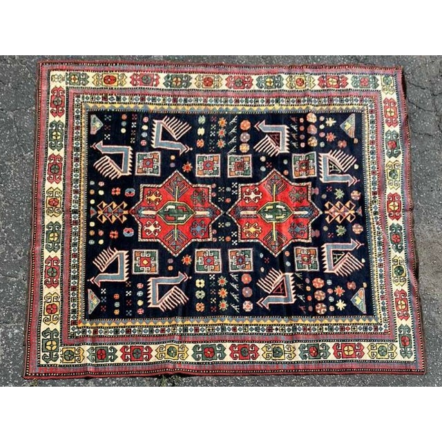 Textile Antique Kazak Rug | Bold Geometric Tribal Design, Navy Field | 5'5"x6'5" For Sale - Image 7 of 7