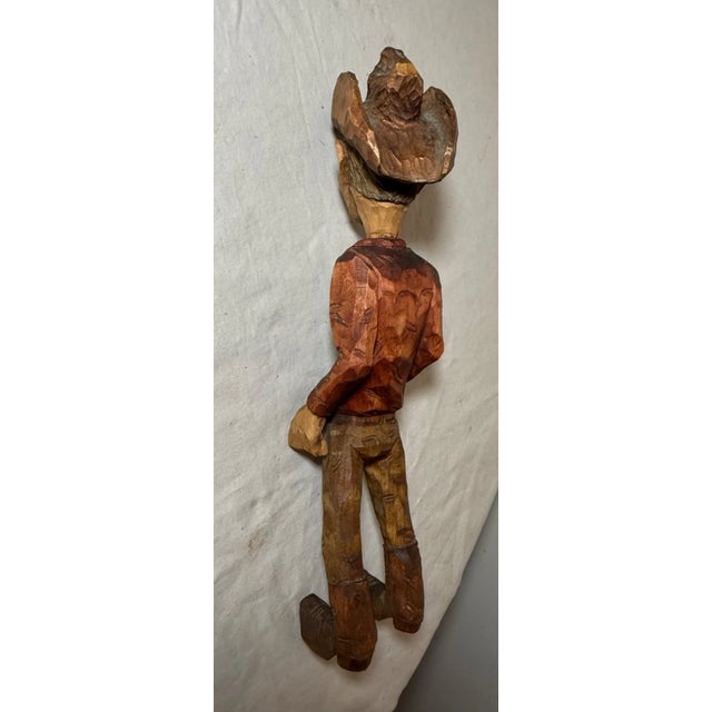 1980s Exquisite Signed Hand Carved Wood Folk Art Man Cowboy Sculpture Statue Figure For Sale - Image 9 of 13