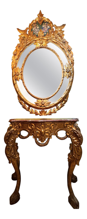 Baroque Gilded Console Table with Red Marble and Carved Mirror with Coats of Arm, Set of 2