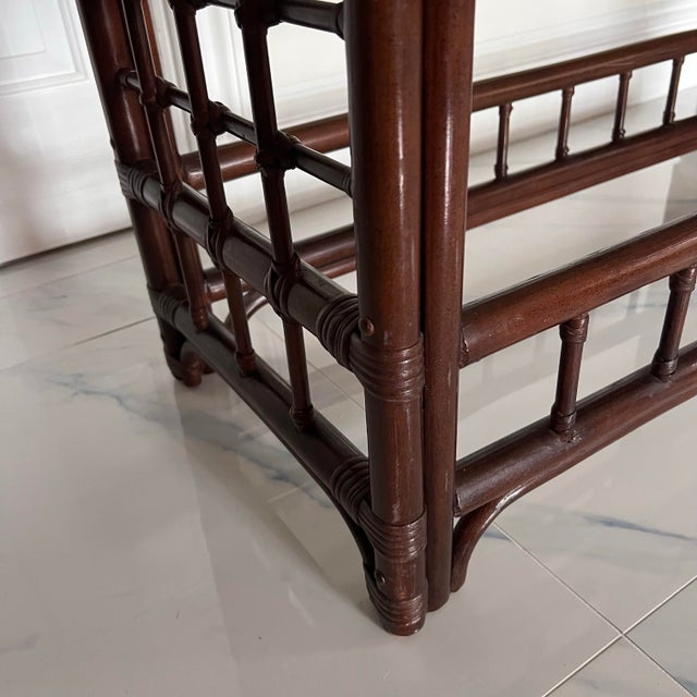 1970s Hollywood Regency Faux Bamboo Console Table Italian Modernist Style in the Manner of Afra & Tobia Scarpa’s Basilian Era, Mahogany With Glass Top For Sale - Image 9 of 12