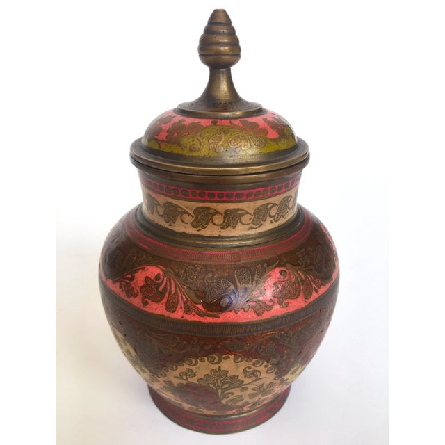 Boho Chic Vintage Mid Century India Brass Incised Multicolor Enamel Incense Urn Lidded Jar For Sale - Image 3 of 13