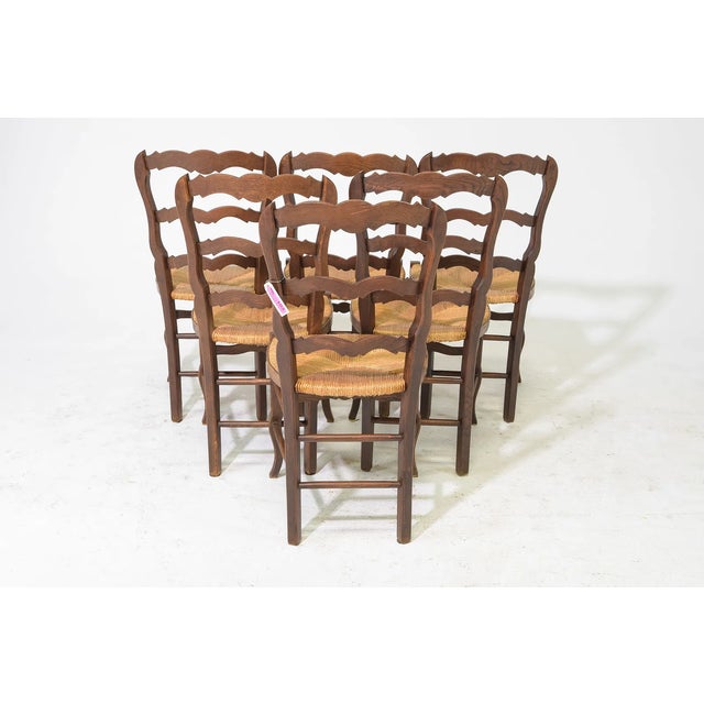 Early 20th Century Louis XV Style Set of 6 Oak Rush Seat Dining Chairs For Sale - Image 4 of 5