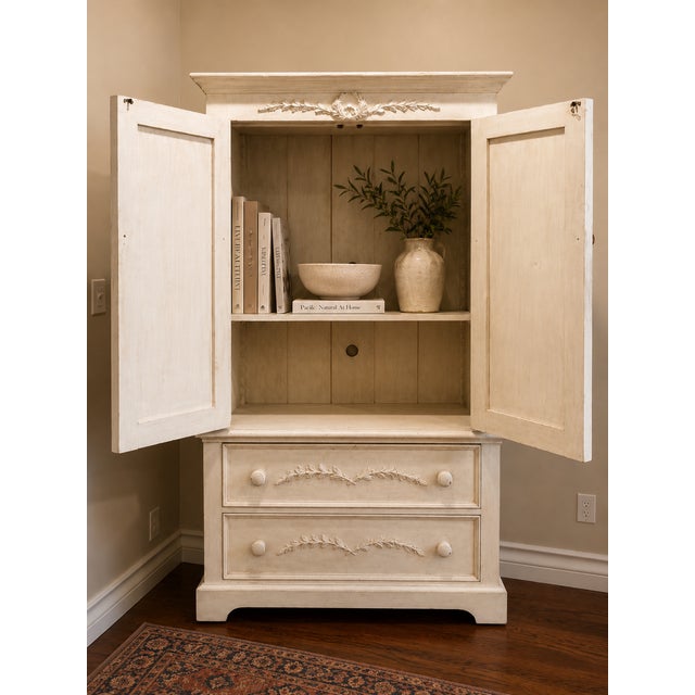 Vintage Distressed Solid Wood Armoire With Carved Laurel Details For Sale In Las Vegas - Image 6 of 7