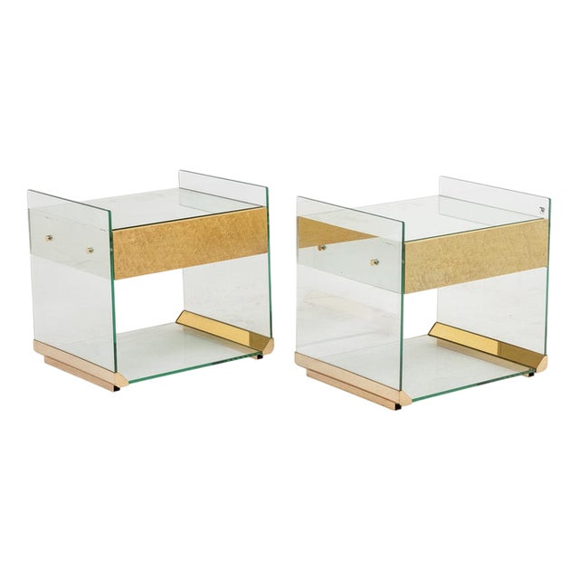 Bedside Tables in Brass, Glass and Mirror, 1970s, Set of 2 For Sale