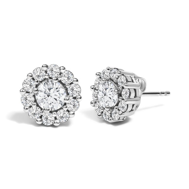 Contemporary 10K White Gold 1 1/2 Cttw Lab Grown Diamond Halo Stud Earrings, Pair For Sale - Image 3 of 4