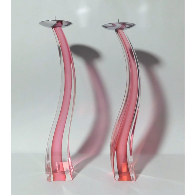 1980s Pink Murano Glass Candlesticks by Giuliano Tosi, a Pair For Sale - Image 4 of 9