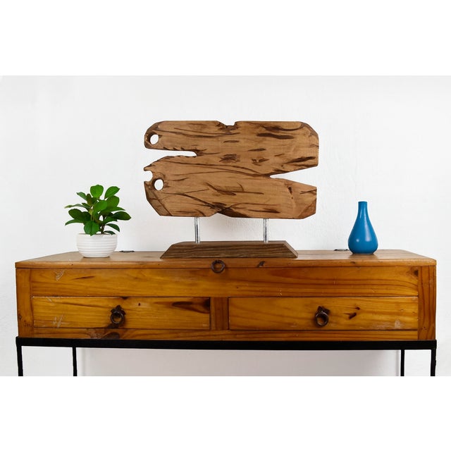 Contemporary Hand-Carved Abstract Wood Sculpture on Metal & Wood Pedestal Base For Sale - Image 12 of 12