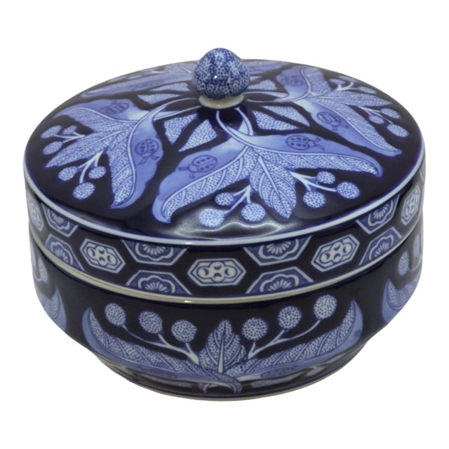 Blue Decorative Chris Madden Ladybugs Blue & White Leaf Floral Lidded Porcelain Jar For Sale - Image 8 of 8