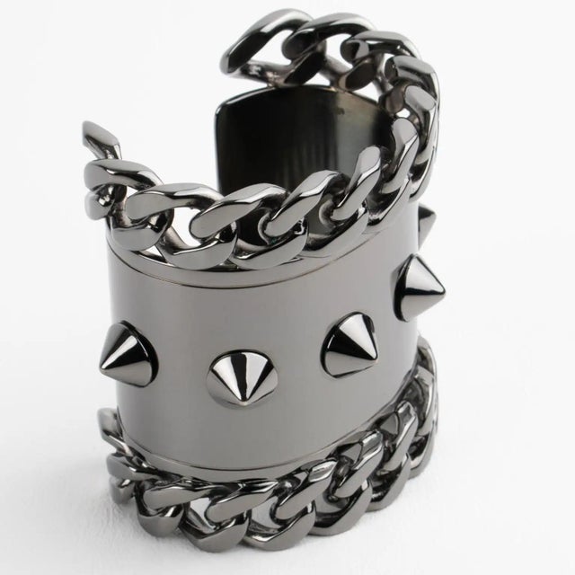 1990s Givenchy Paris High-Gloss Gunmetal Chains and Studs Cuff Bracelet For Sale - Image 5 of 16