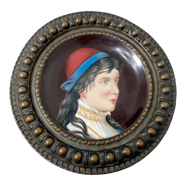 Antique 1800s Painted Porcelain Bronze Portrait Lady Decorator Collectible Plate For Sale