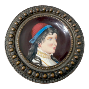Antique 1800s Painted Porcelain Bronze Portrait Lady Decorator Collectible Plate