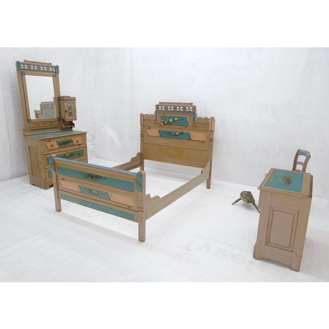 Victorian Hand Painted Dresser Mirror King Bed Headboard Chair Footstool Drawers For Sale - Image 9 of 18