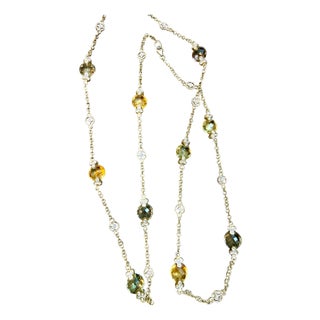 Multi Color Quartz Station Necklace With Tiny Diamonds 14kt Gold 32" L Necklace For Sale