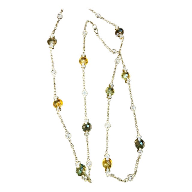 Multi Color Quartz Station Necklace With Tiny Diamonds 14kt Gold 32" L Necklace For Sale