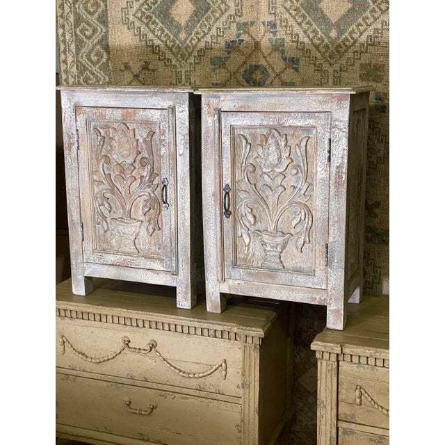 2000 - 2009 Pair Painted & Distressed Carved Cabinets with Shelf For Sale - Image 5 of 13